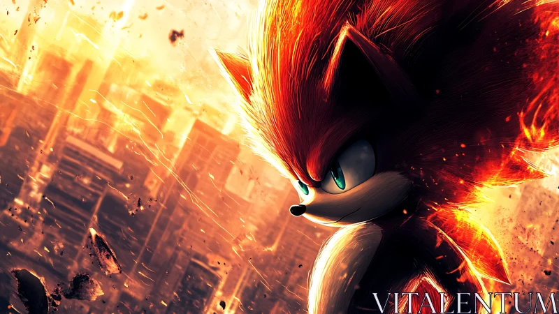 Digital painting of fiery hedgehog hero in kinetic cityscape.