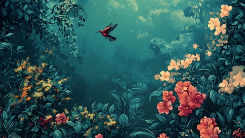 Bird flies over dense teal jungle foliage and flowers