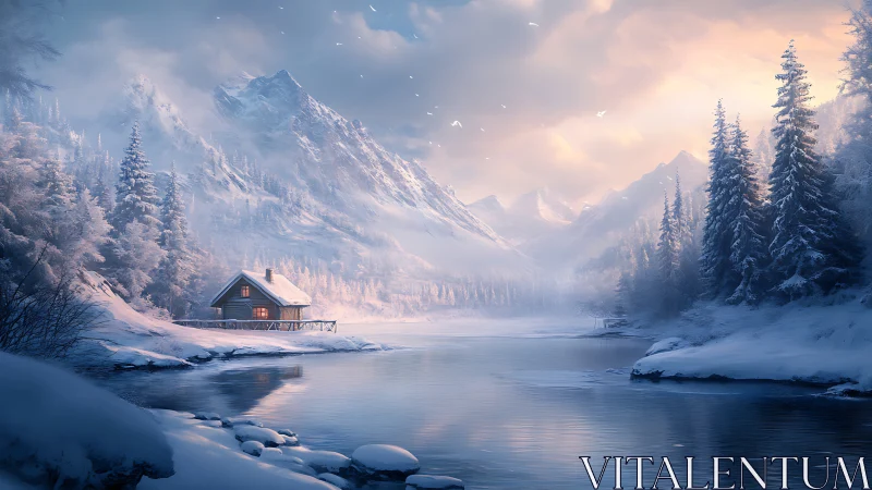 Snowlit cabin dreams beside a glassy alpine river at dawn.