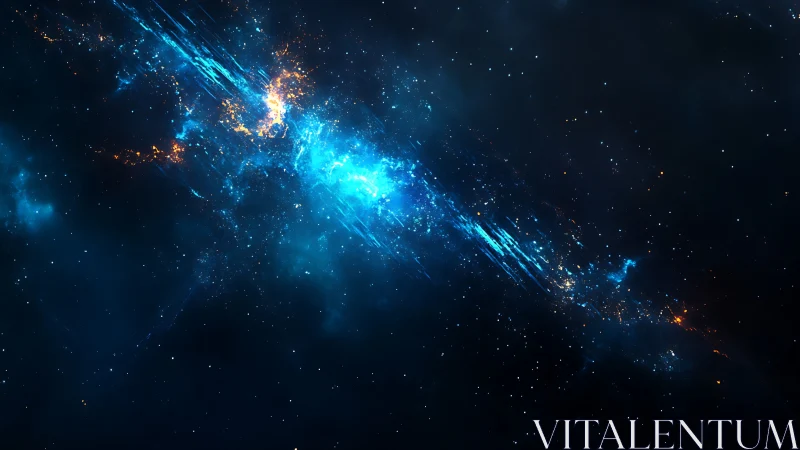 Blue stellar nebula streak across deep black space.