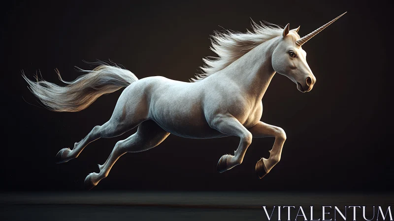 Rendered white unicorn is depicted mid-leap in profile