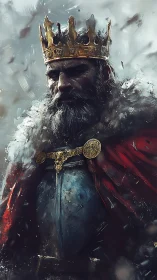 Weathered king in crimson cloak standing strong in storm.