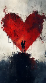 Solitary figure confronts crimson heart in graffiti-stained reverie