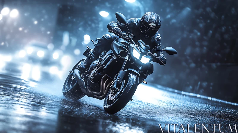 Motorcycle rider negotiates wet urban street in low light