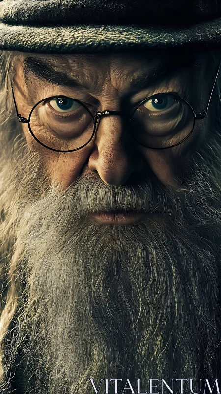 Elderly bearded man stares forward under shadowed cap.