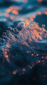 Macro ocean wave glows with copper bokeh reflections