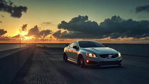 Sunset highway pause with a sleek silver waterfront car.