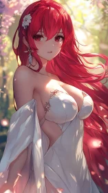Red haired anime woman in white dress in soft sunlight.