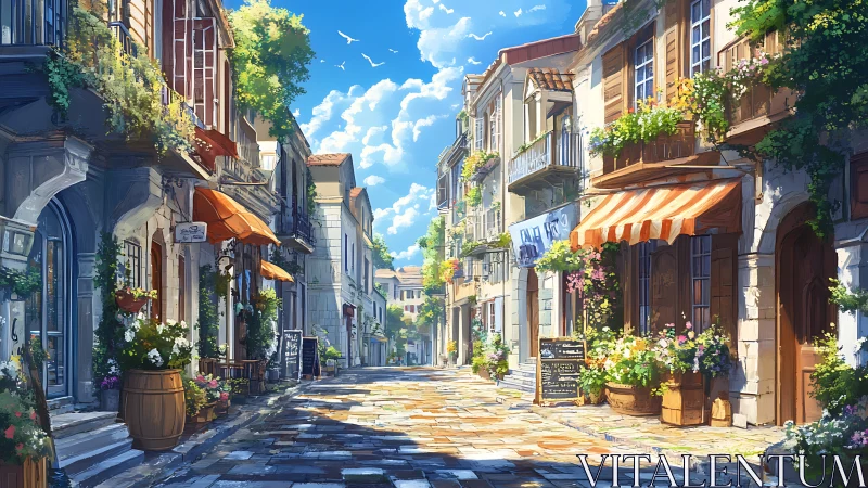 Sunlit European street with cafes and flowering balconies.