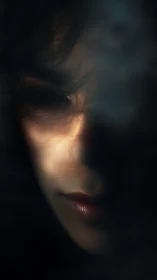 Soft shadows reveal a quiet, mysterious face in the dark