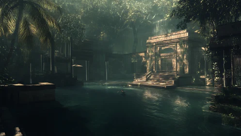 Sunken jungle sanctuary where ruins drink quiet light.