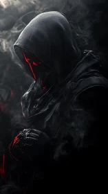 Shadowy hooded figure glows with ominous red light.