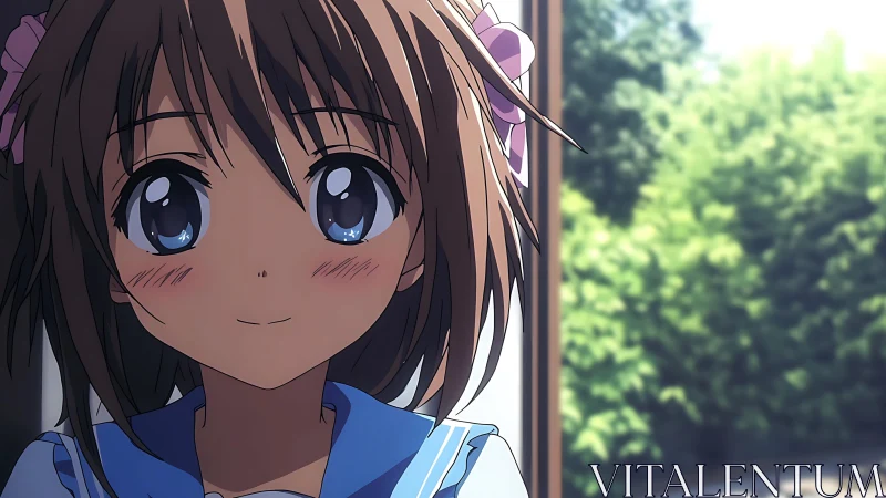 Soft-lit anime schoolgirl by window with summer greenery.