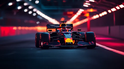 Night tunnel racer streaking through neon F1 city lights.