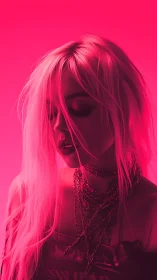 Neon-lit portrait of punk woman in intense magenta glow.