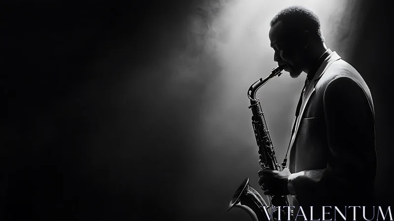 Saxophonist performs under single spotlight in dense stage haze