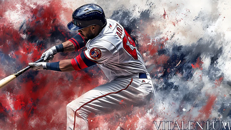 Baseball hitter in dynamic swing with bold paint splash.