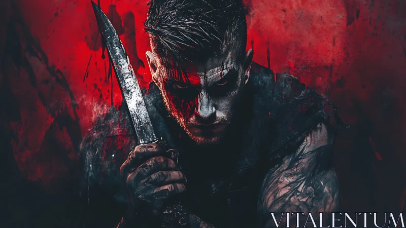 War-painted warrior grips knife against blood-red void.