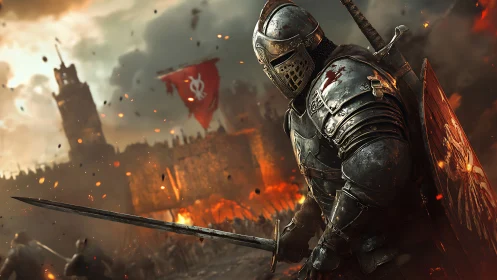 Armored knight stands defiant before burning besieged citadel.