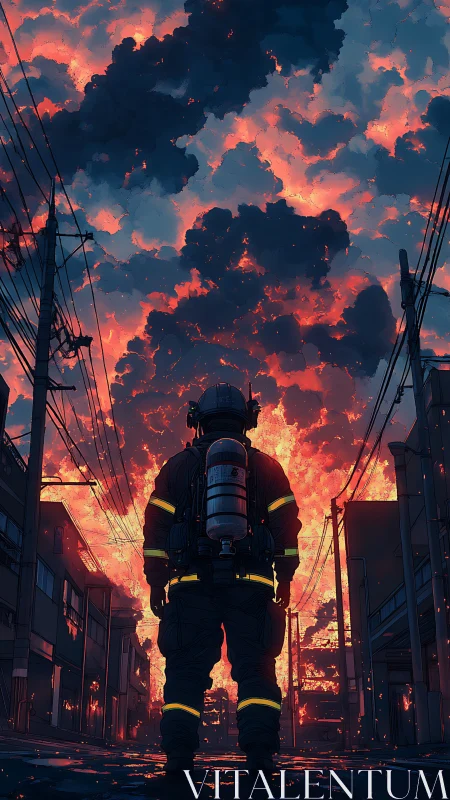 Firefighter in Urban Setting with Large-Scale Fire