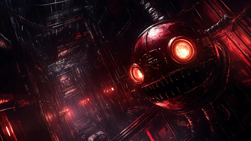 Surveillance drone dominates a red-illuminated industrial corridor