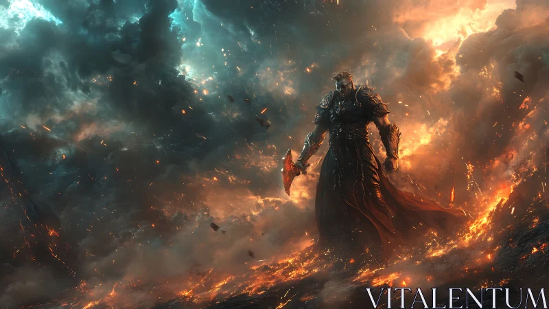 Armored warlord strides through eruptive lava field under storm