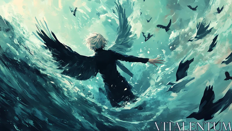 Winged figure in teal storm sky with circling black birds.