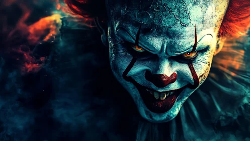 Sinister clown lunges forward with glowing demonic stare