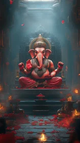 Ganesh idol in ornate temple sanctum with petals and incense