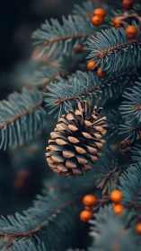 Winter pinecone nestled among blue spruce and berries.