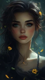 Digital portrait of young woman with flowers in hair.