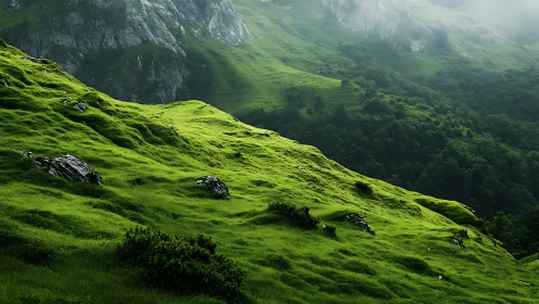 Sunlit green hills roll gently into a misty mountain forest
