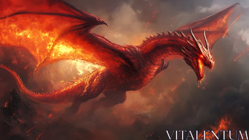 Infernal crimson dragon soaring over smoldering ruins.