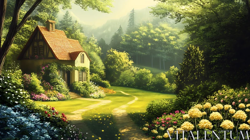 Sunlit cottage nestles in lush woodland flower garden.