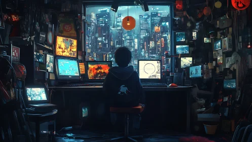 Midnight coder orchestrates neon city from glowing bunker