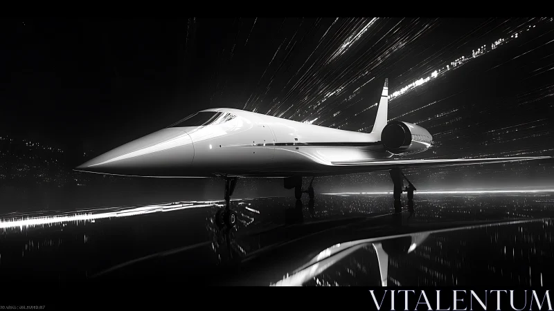 Futuristic supersonic jet waits poised amid streaking lights