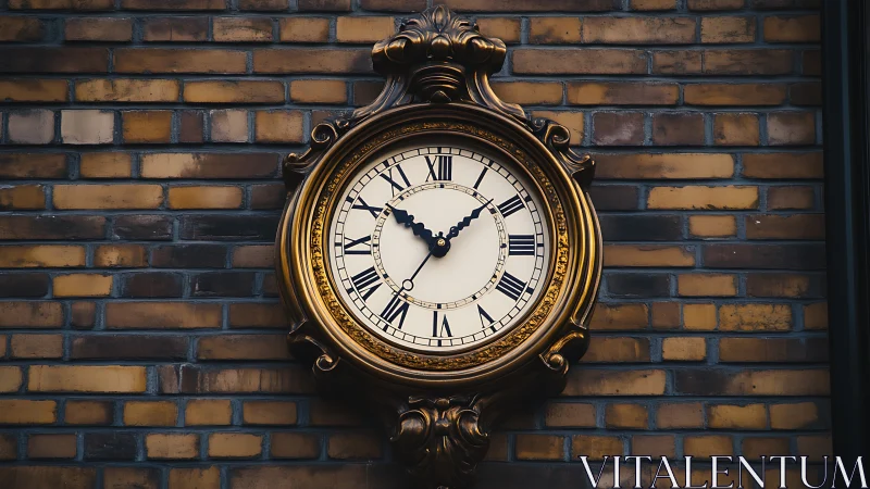 Ornate wall clock with Roman numerals is mounted on brick