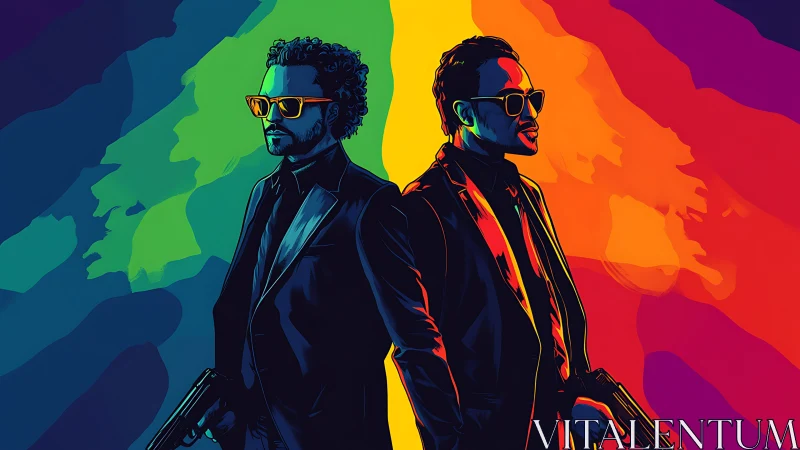 Dual gunmen in neon noir palette stand back to back in profile