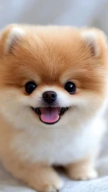 Close frontal portrait of small fluffy dog on soft background.