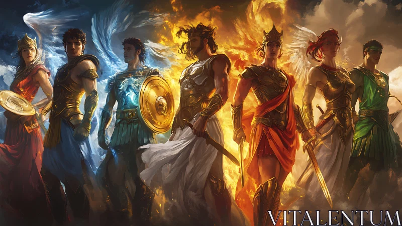 Mythic warriors aligned with elemental light and flame.