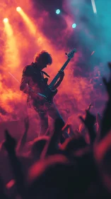 Electric bass hero glowing in neon concert haze.