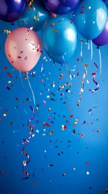 Colorful Balloons and Confetti Against Blue Sky