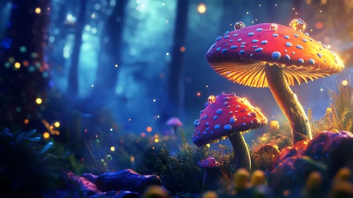 Bioluminescent red toadstools in shallow depth forest bokeh