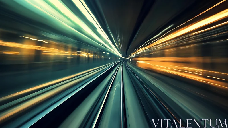 Futuristic subway tunnel with motion blur and glowing lights.