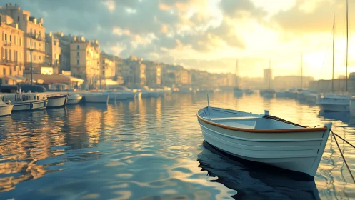 Photorealistic harbor skiff at golden hour with soft depth cues.