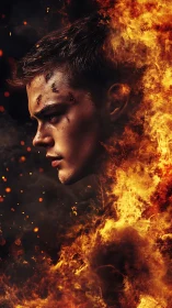 Scarred male profile emerging from dense orange flames.