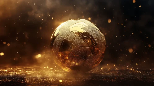 Golden soccer ball under dramatic glowing particles.