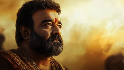 Bearded man in profile against diffuse golden sky background.