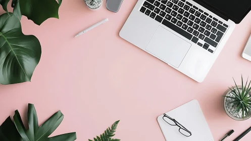Laptop workspace on pastel pink desk with green plants.