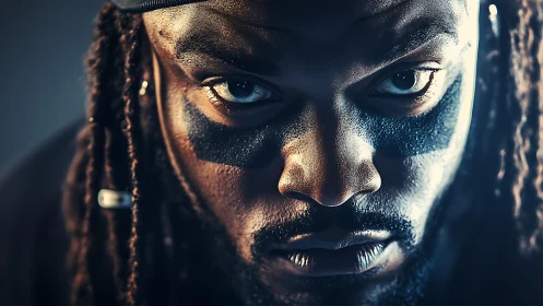 Close portrait shows intense male face with sports eye black